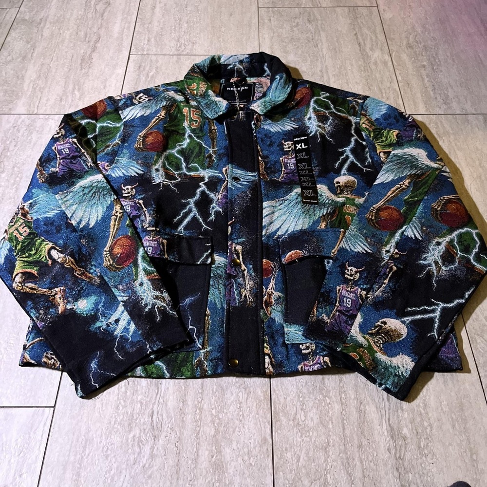 Reason Jacket Mens XL Multicolor Skeleton Basketball Tapestry Bomber RCS60M-615